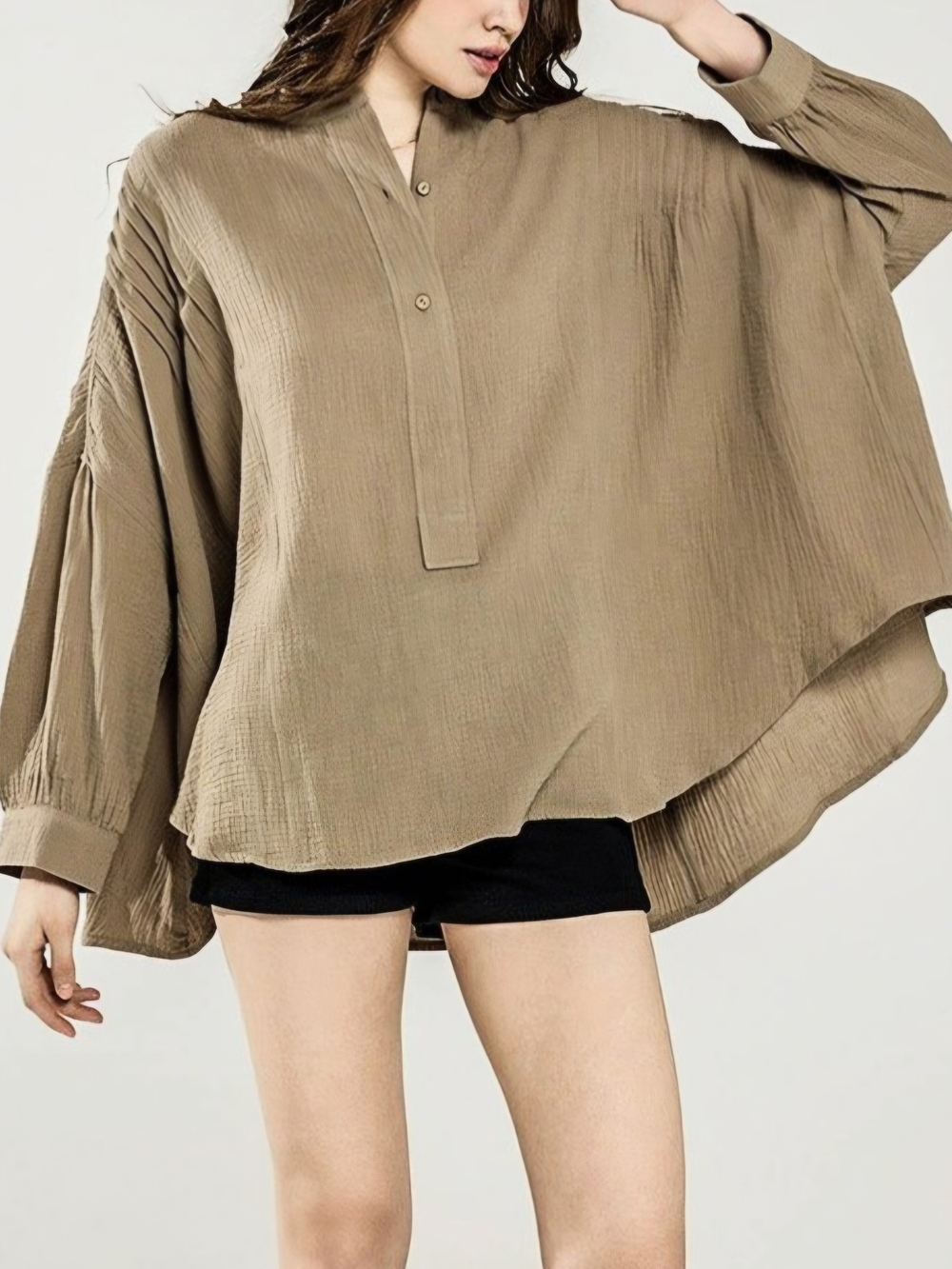 T95 NWT Noflik Relaxed Dolman Slv Crinkle Gauze Henley Pleated Slouch Oversized